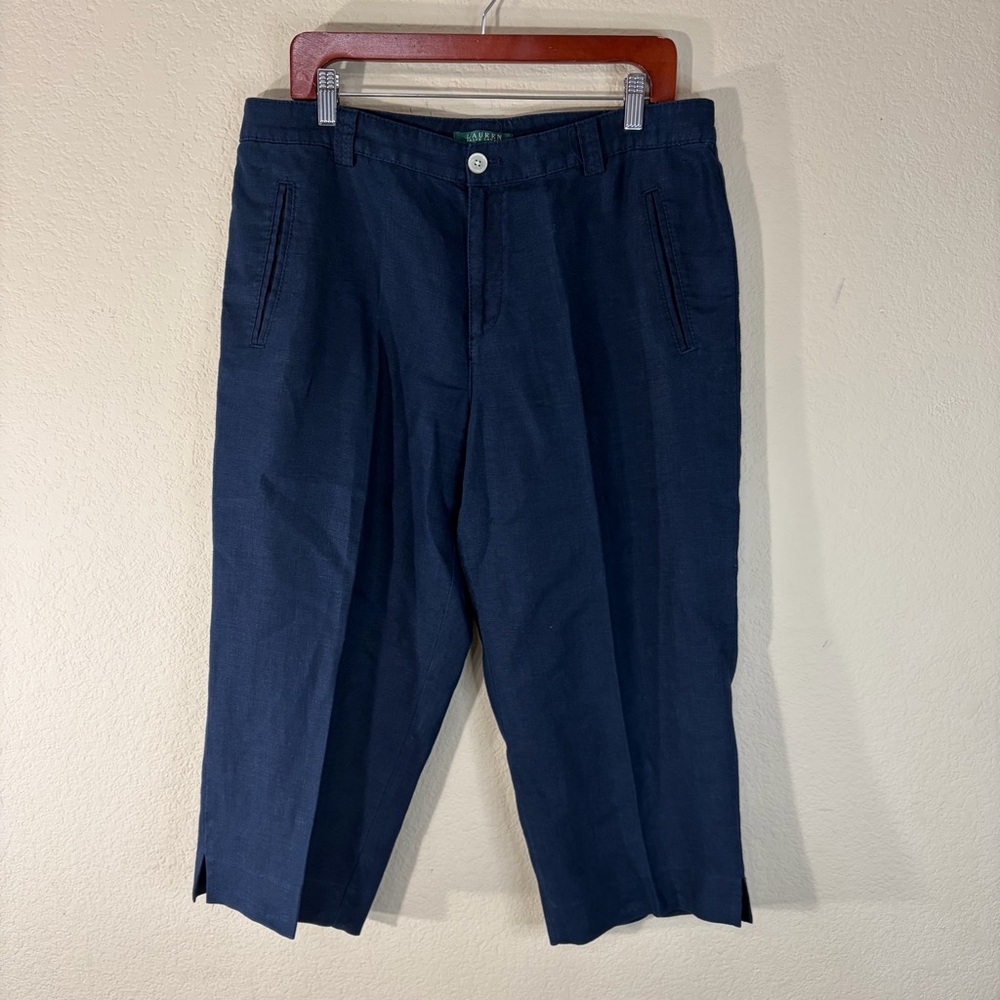 Lauren Ralph Lauren Womens Sz 14 Blue Pants Capri Wide Leg Linen Coastal Minimal